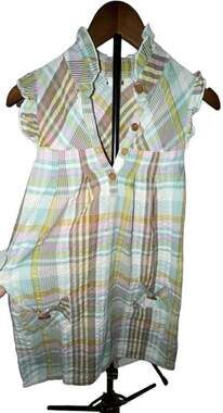 Karlie Multicolor Madras Plaid Drop-Waist Shift Dress S Ruffle Details & Pockets